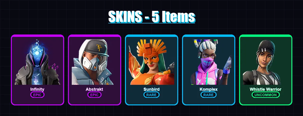 [PC/XBOX/PSN] | Infinity | Abstrakt | Sunbird | Komplex | Whistle Warrior | 5 skin | 4 pickaxe | 6 emote | 5 glider | Lv55