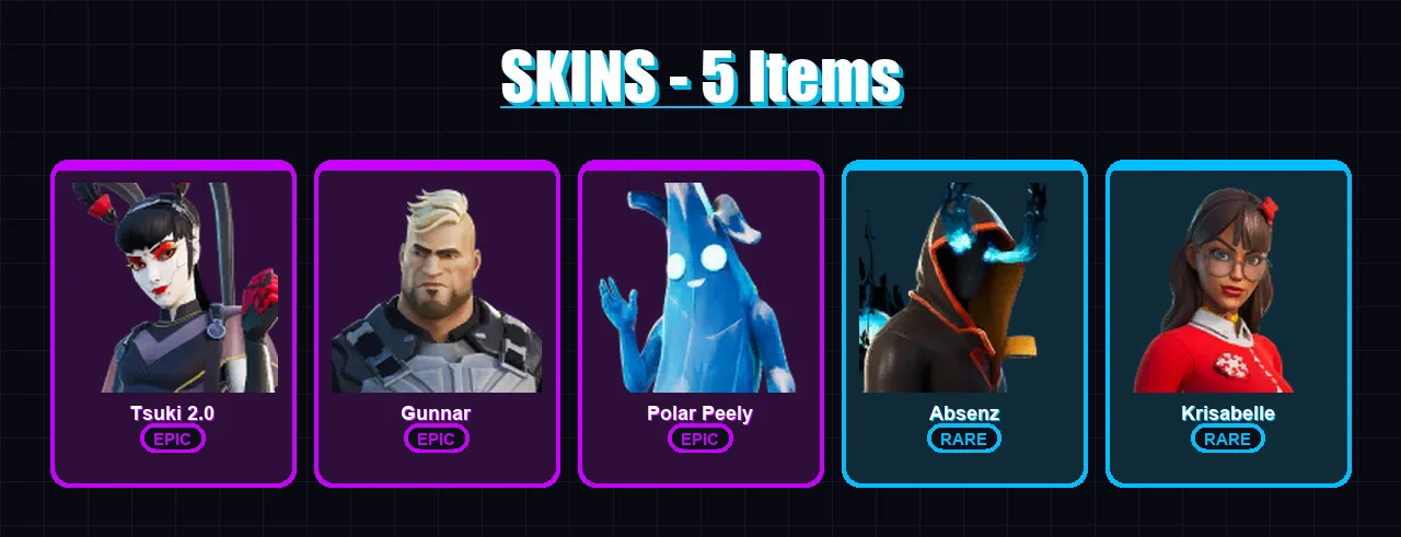 [PC/XBOX/PSN] | Tsuki 2.0 | Gunnar | Polar Peely | Absenz | Krisabelle | 5 skin | 12 pickaxe | 9 emote | 9 glider | Lv165