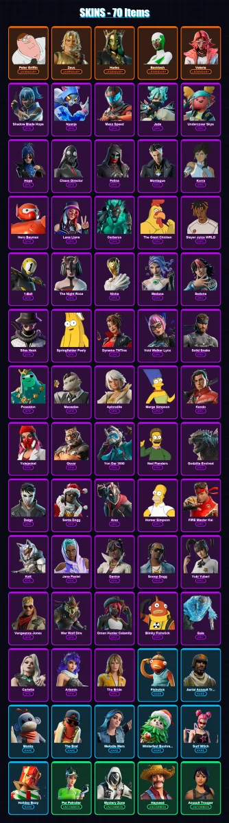 [PC/PSN] | Peter Griffin | Zeus | Hades | Backlash | Valeria | 70 skin | 103 pickaxe | 67 emote | 56 glider | Lv875