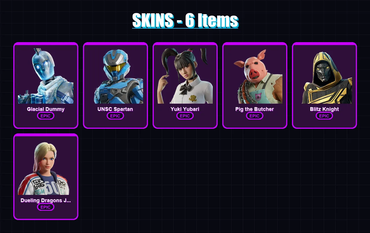 [PC/XBOX/PSN] | Glacial Dummy | UNSC Spartan | Yuki Yubari | Pig the Butcher | Blitz Knight | 6 skin | 61 pickaxe | 25 emote | 39 glider | Lv887