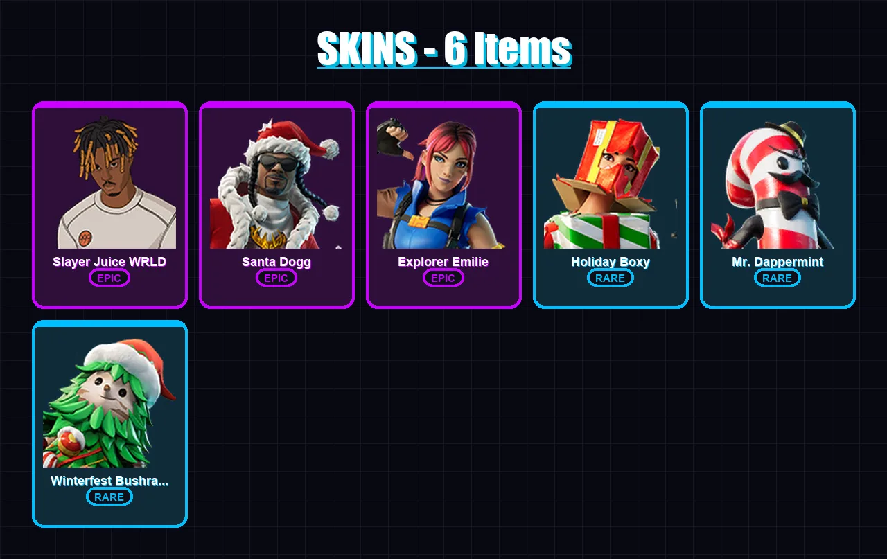 [PC/XBOX/PSN] | Slayer Juice WRLD | Santa Dogg | Explorer Emilie | Holiday Boxy | Mr. Dappermint | 6 skin | 34 pickaxe | 17 emote | 24 glider | Lv39