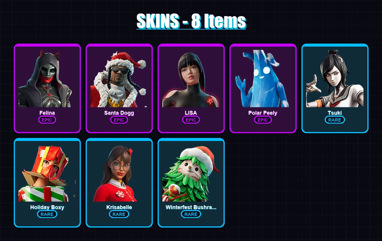 [SWITCH/PSN/PC] | Felina | Santa Dogg | LISA | Polar Peely | Tsuki | 8 skin | 44 pickaxe | 23 emote | 34 glider | Lv540
