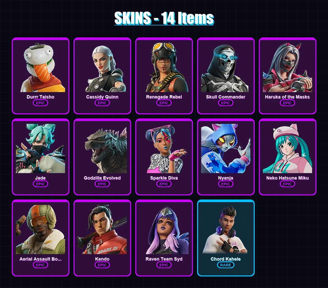 [PC/XBOX/PSN] | Durrr Taisho | Cassidy Quinn | Renegade Rebel | 14 skin | Lv65 — Fortnite account