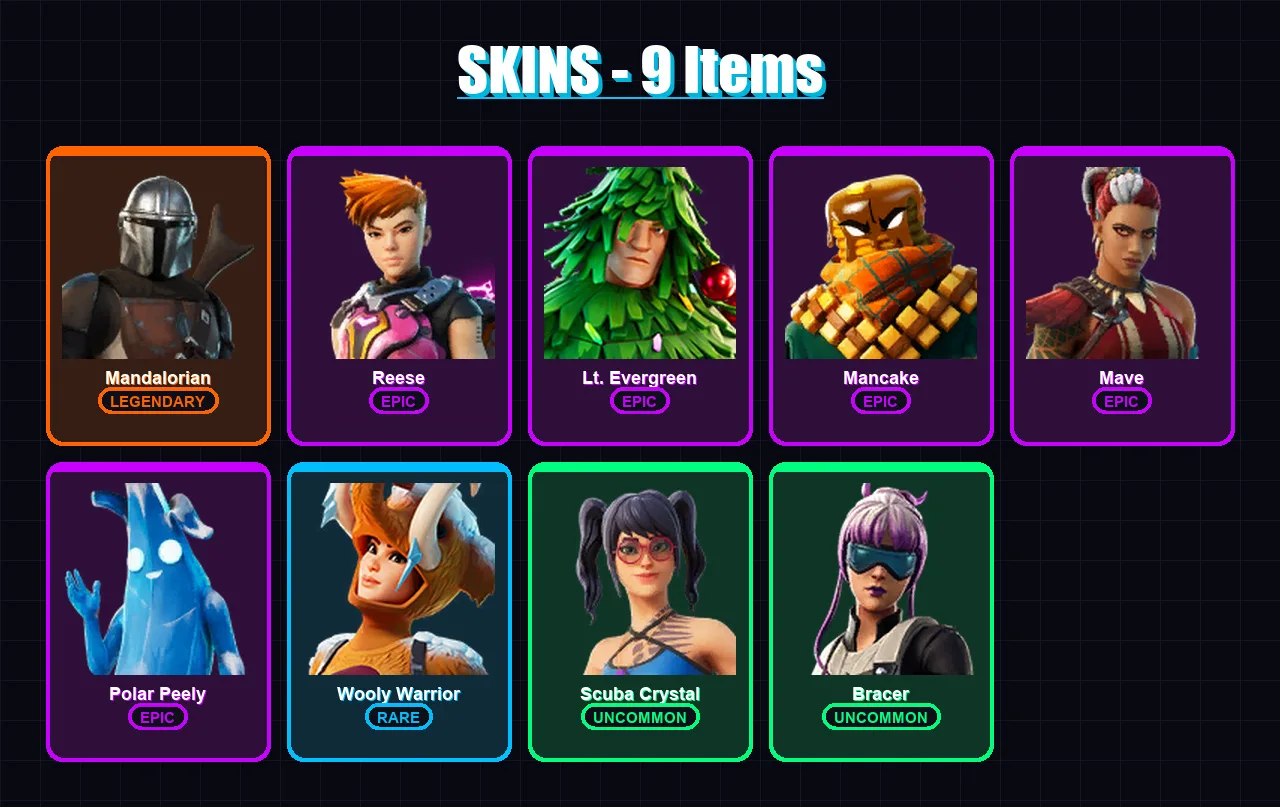 [SWITCH/XBOX/PSN/PC] | Mandalorian | Reese | Lt. Evergreen | Mancake | Mave | 9 skin | 19 pickaxe | 18 emote | 19 glider | Lv347