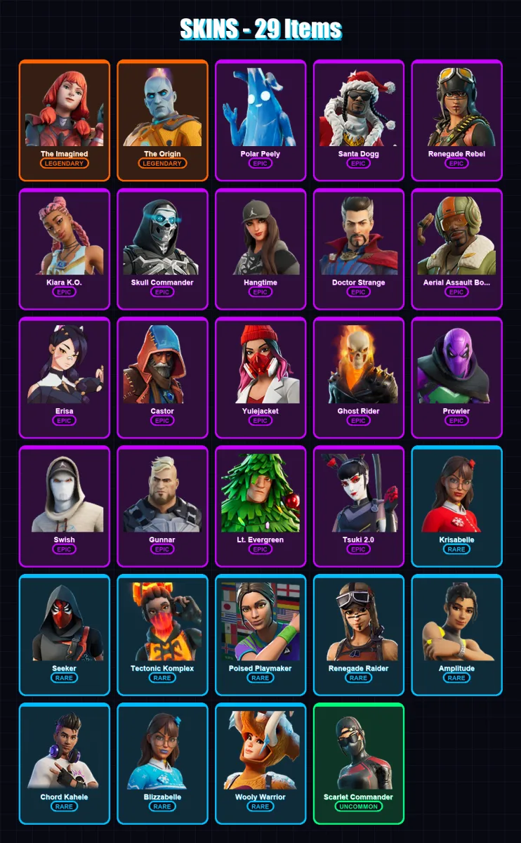 [PC/XBOX] | The Imagined | The Origin | Polar Peely | Santa Dogg | Renegade Rebel | 29 skin | 65 pickaxe | 53 emote | 51 glider | Lv765