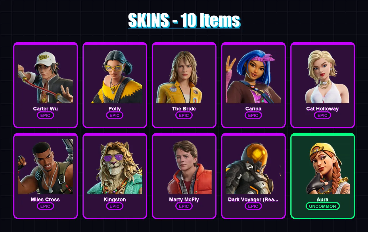 [PC/XBOX/PSN] | Carter Wu | Polly | The Bride | Carina | Cat Holloway | 10 skin | 24 pickaxe | 18 emote | 21 glider | Lv188