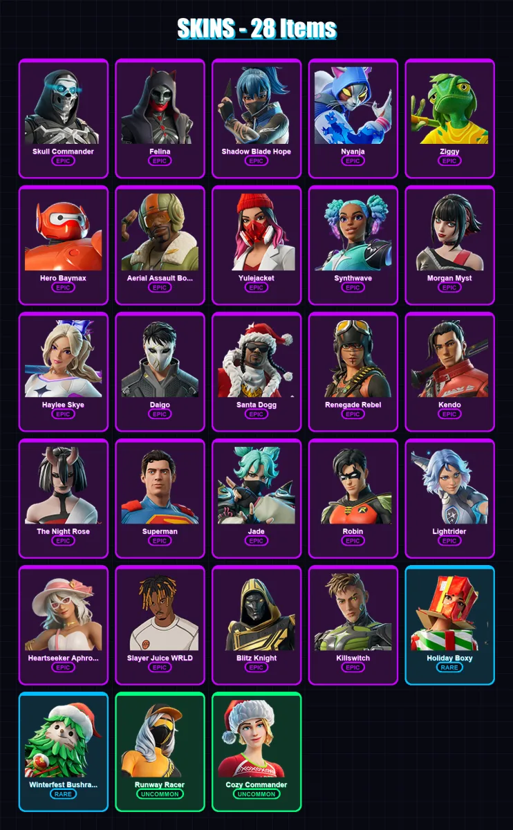 [PC/XBOX/PSN] | Skull Commander | Felina | Shadow Blade Hope | Nyanja | Ziggy | 28 skin | 72 pickaxe | 50 emote | 55 glider | Lv1103