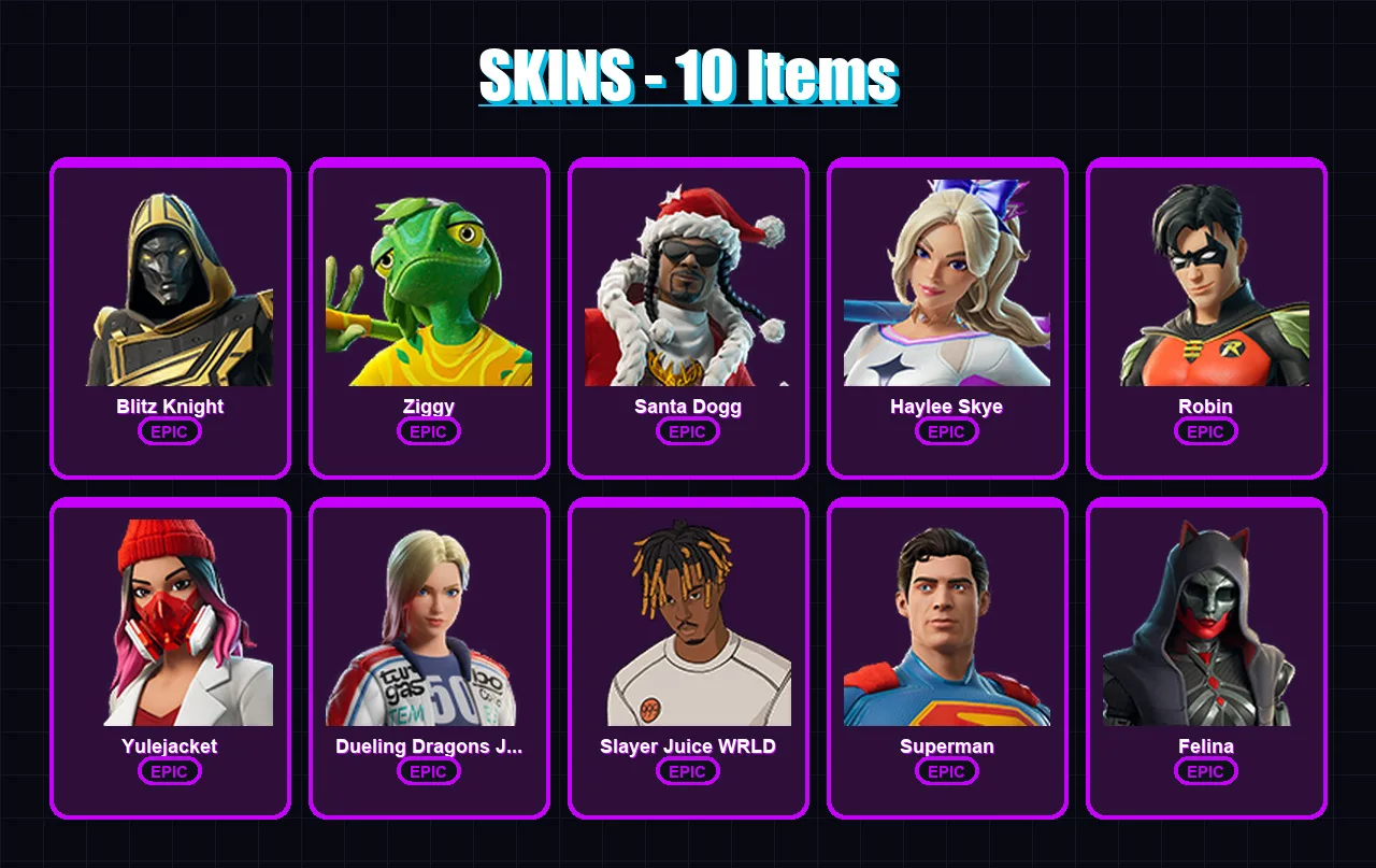 [PC/XBOX] | Blitz Knight | Ziggy | Santa Dogg | Haylee Skye | Robin | 10 skin | 34 pickaxe | 16 emote | 25 glider | Lv333