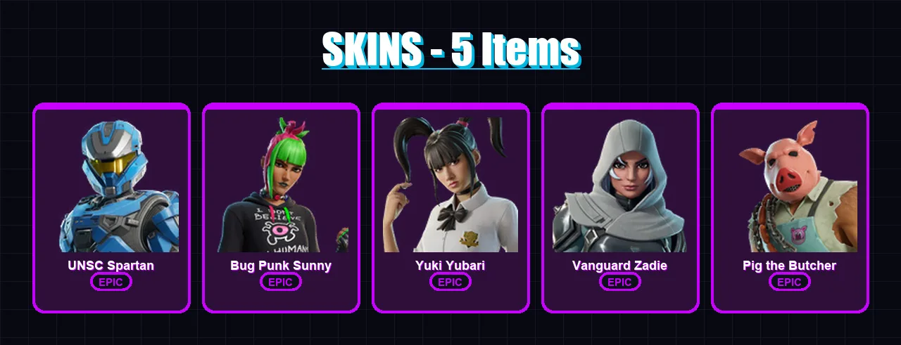 [PC/XBOX/PSN] | UNSC Spartan | Bug Punk Sunny | Yuki Yubari | Vanguard Zadie | Pig the Butcher | 5 skin | 36 pickaxe | 14 emote | 23 glider | Lv449