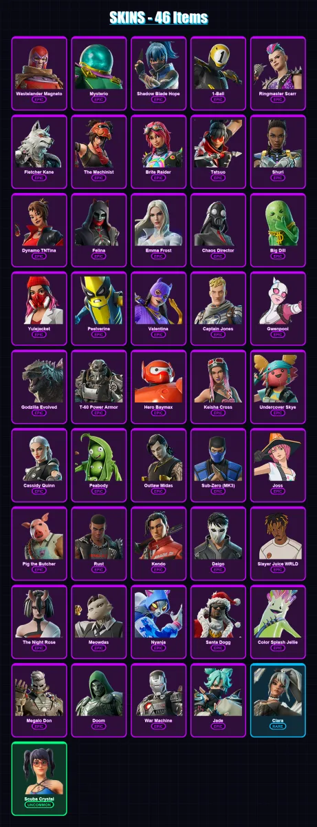 [PC/XBOX/PSN] | Wastelander Magneto | Mysterio | Shadow Blade Hope | 1-Ball | Ringmaster Scarr | 46 skin | 115 pickaxe | 56 emote | 71 glider | Lv10