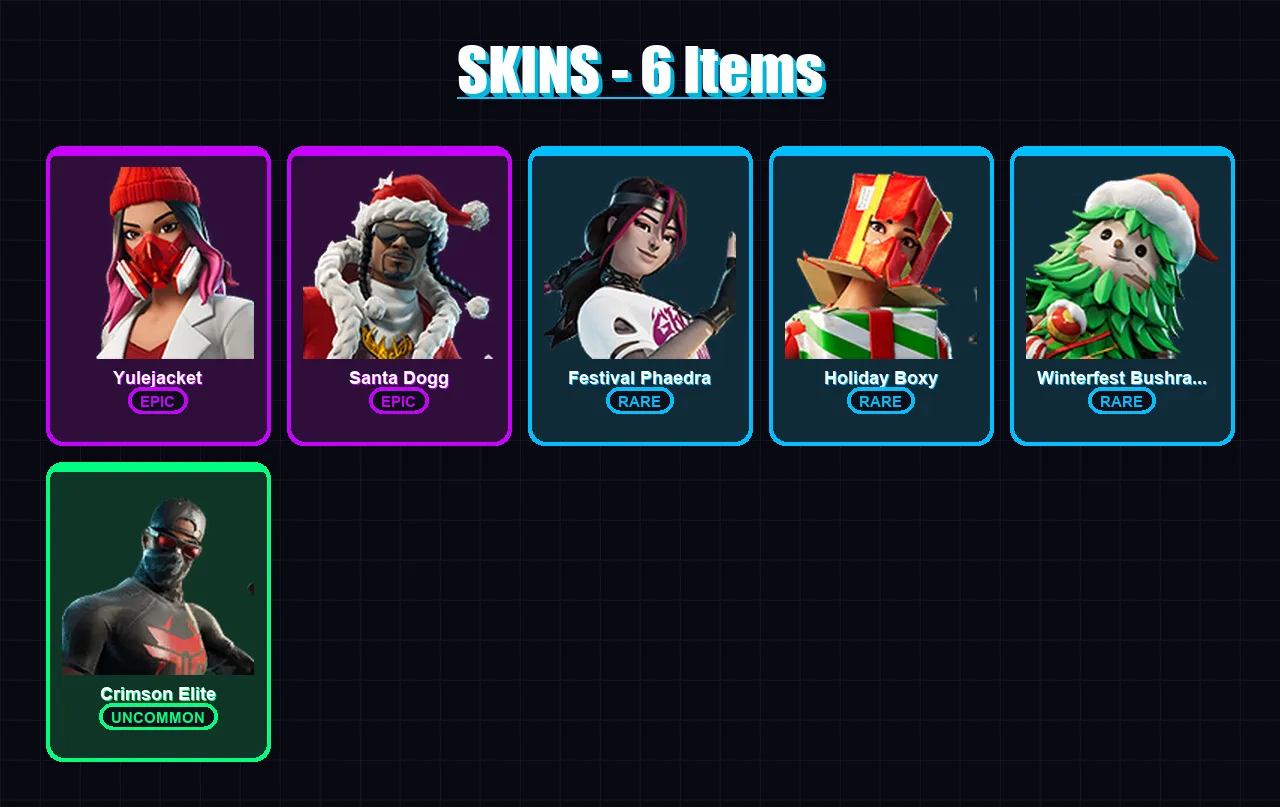 [PC/XBOX/PSN] | Yulejacket | Santa Dogg | Festival Phaedra | Holiday Boxy | Winterfest Bushranger | 6 skin | 8 pickaxe | 5 emote | 6 glider | Lv58