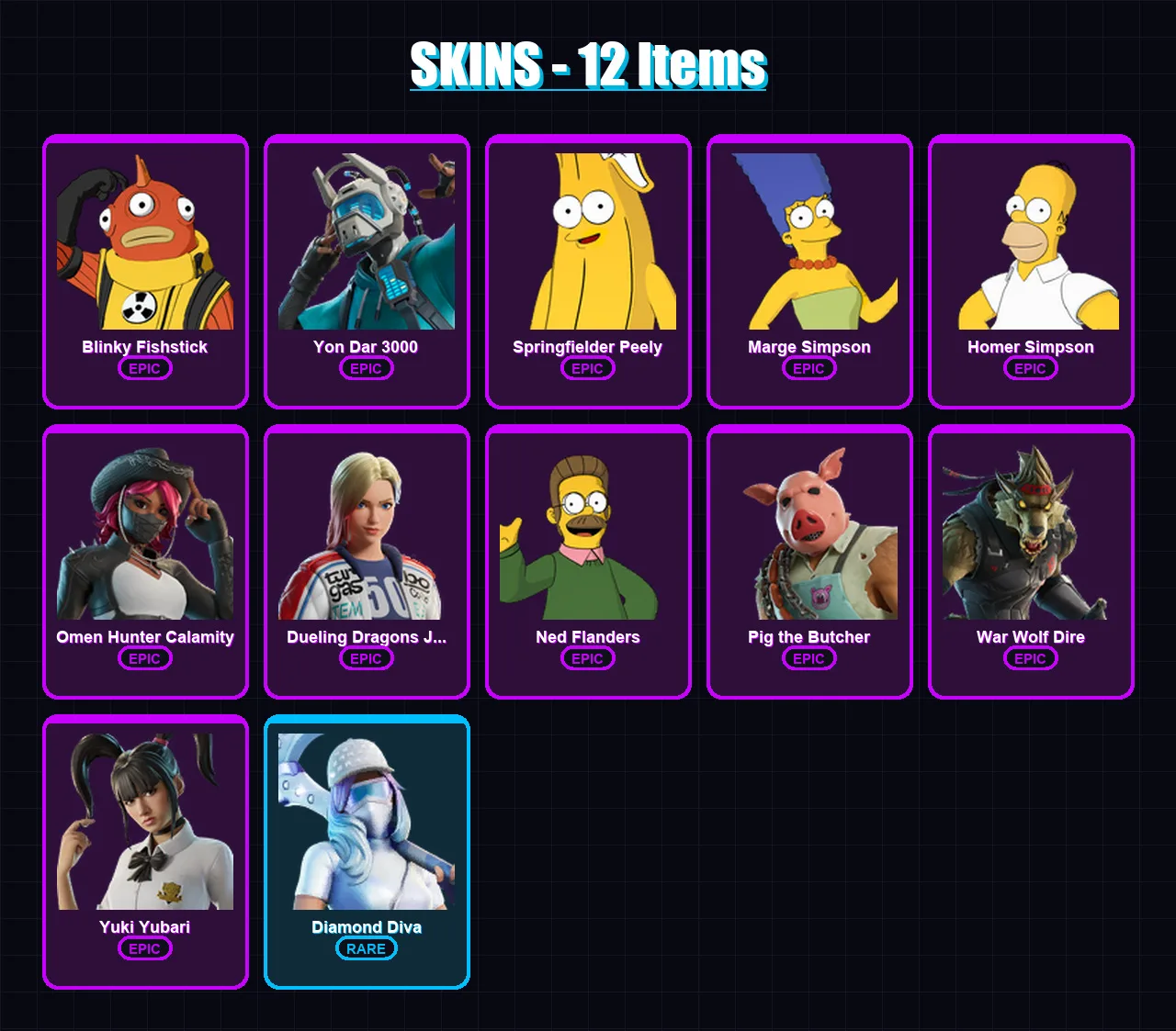 [PC/PSN] | Blinky Fishstick | Yon Dar 3000 | Springfielder Peely | Marge Simpson | Homer Simpson | 12 skin | 30 pickaxe | 17 emote | 24 glider | Lv2