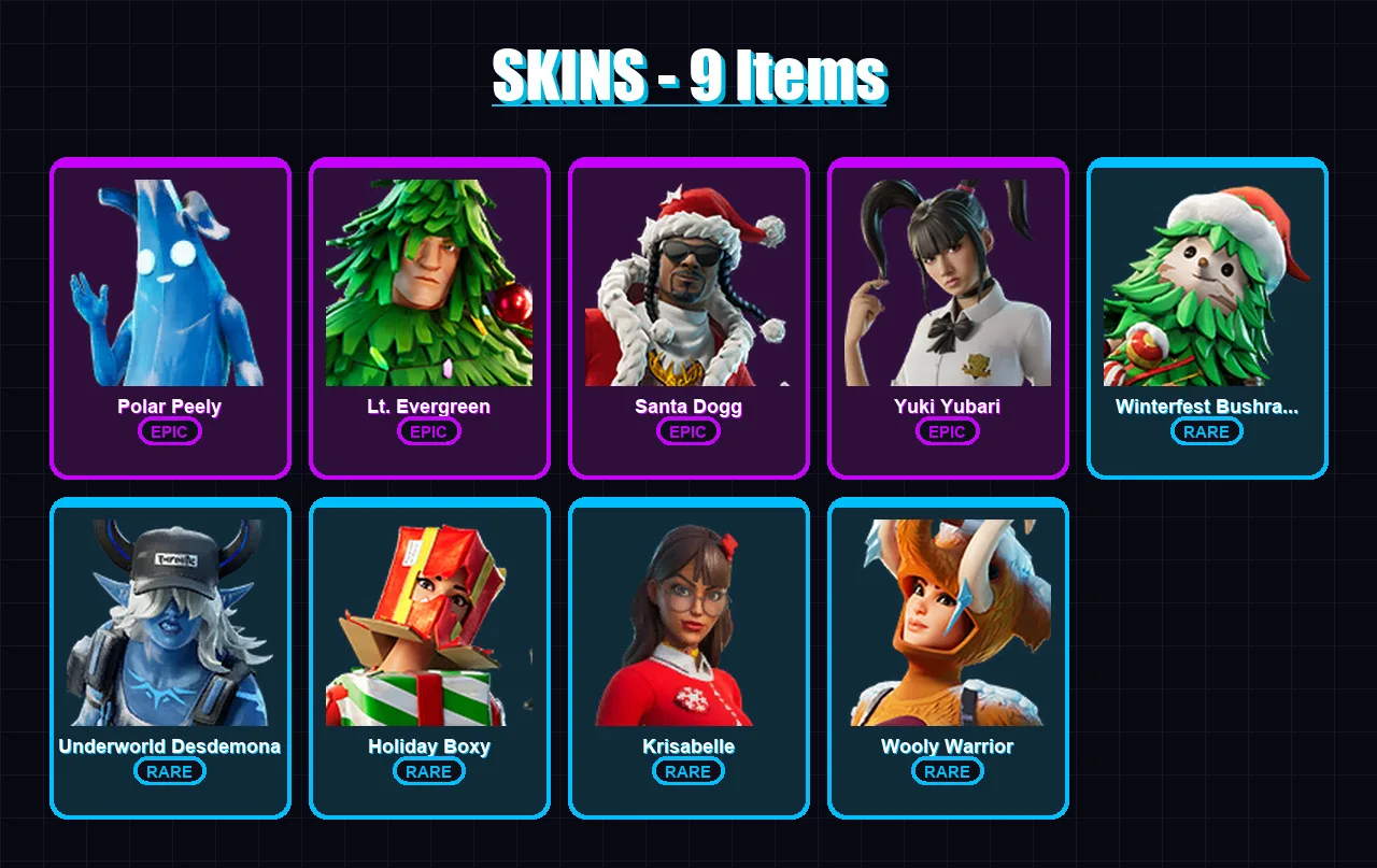 [PC/XBOX/PSN] | Polar Peely | Lt. Evergreen | Santa Dogg | Yuki Yubari | Winterfest Bushranger | 9 skin | 39 pickaxe | 20 emote | 30 glider | Lv414