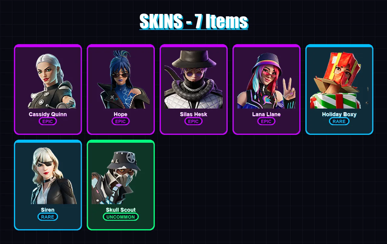 [PC/XBOX/PSN] | Cassidy Quinn | Hope | Silas Hesk | Lana Llane | Holiday Boxy | 7 skin | 8 pickaxe | 4 emote | 5 glider | Lv59