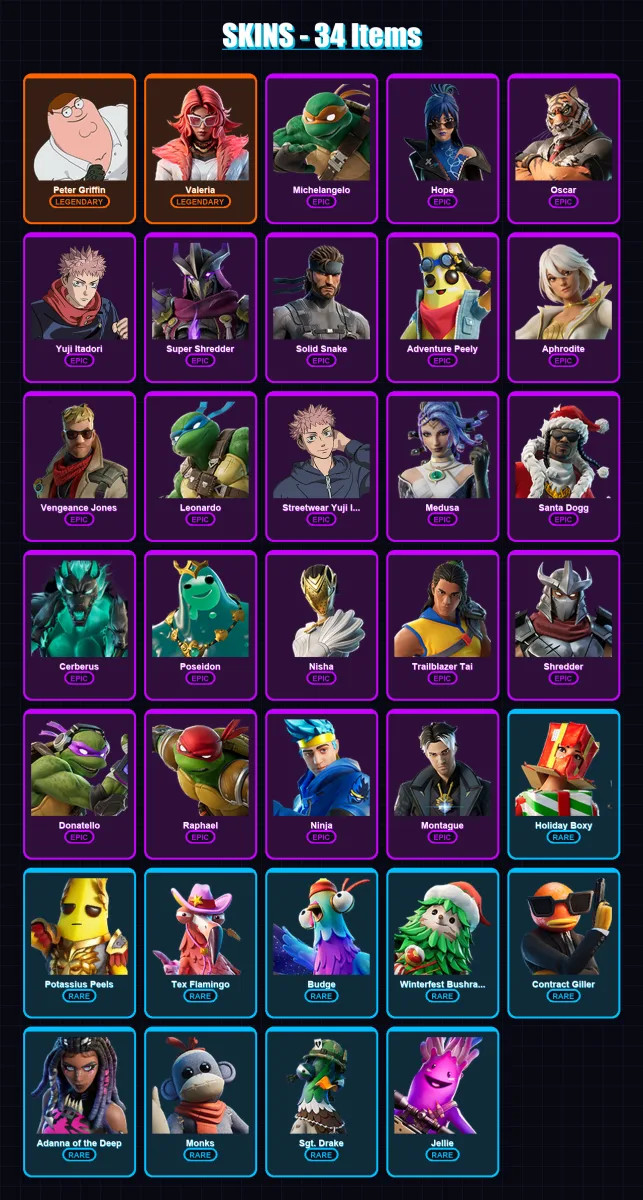 [PS4/PS5/XBOX/PC] | Peter Griffin | Valeria | Michelangelo | Hope | Oscar | 34 skin | 31 pickaxe | 20 emote | 20 glider | Lv308