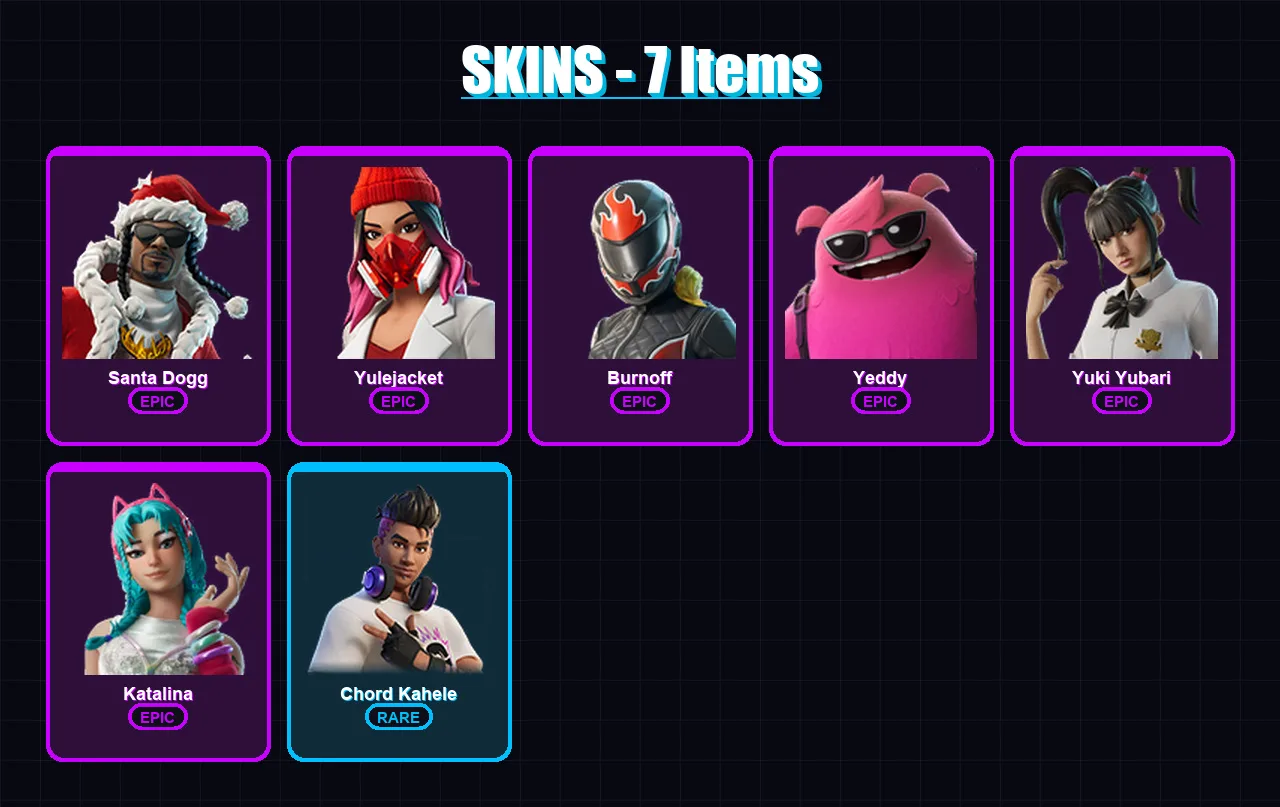 [PC/XBOX/PSN] | Santa Dogg | Yulejacket | Burnoff | Yeddy | Yuki Yubari | 7 skin | 29 pickaxe | 4 emote | 14 glider | Lv99