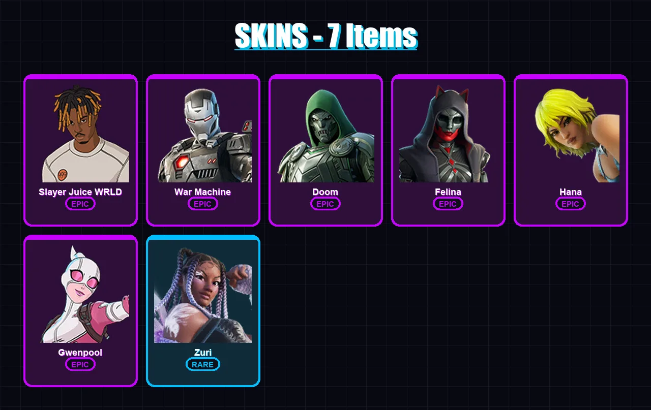 [PS4/PS5/XBOX/PC] | Slayer Juice WRLD | War Machine | Doom | Felina | Hana | 7 skin | 37 pickaxe | 13 emote | 19 glider | Lv332