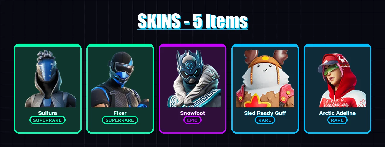 [PC/XBOX] | Sultura | Fixer | Snowfoot | Sled Ready Guff | Arctic Adeline | 5 skin | 6 pickaxe | 6 emote | 8 glider | Lv89