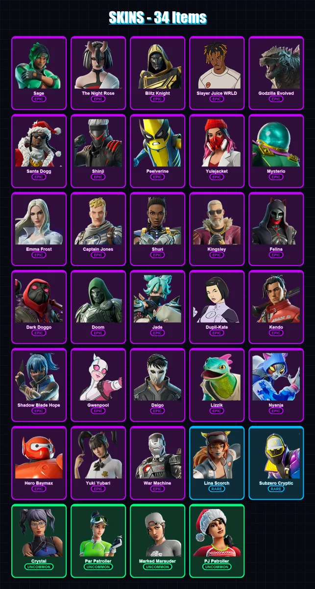 [PS4/PS5/XBOX/PC] | Sage | The Night Rose | Blitz Knight | Slayer Juice WRLD | Godzilla Evolved | 34 skin | 92 pickaxe | 45 emote | 53 glider | Lv13