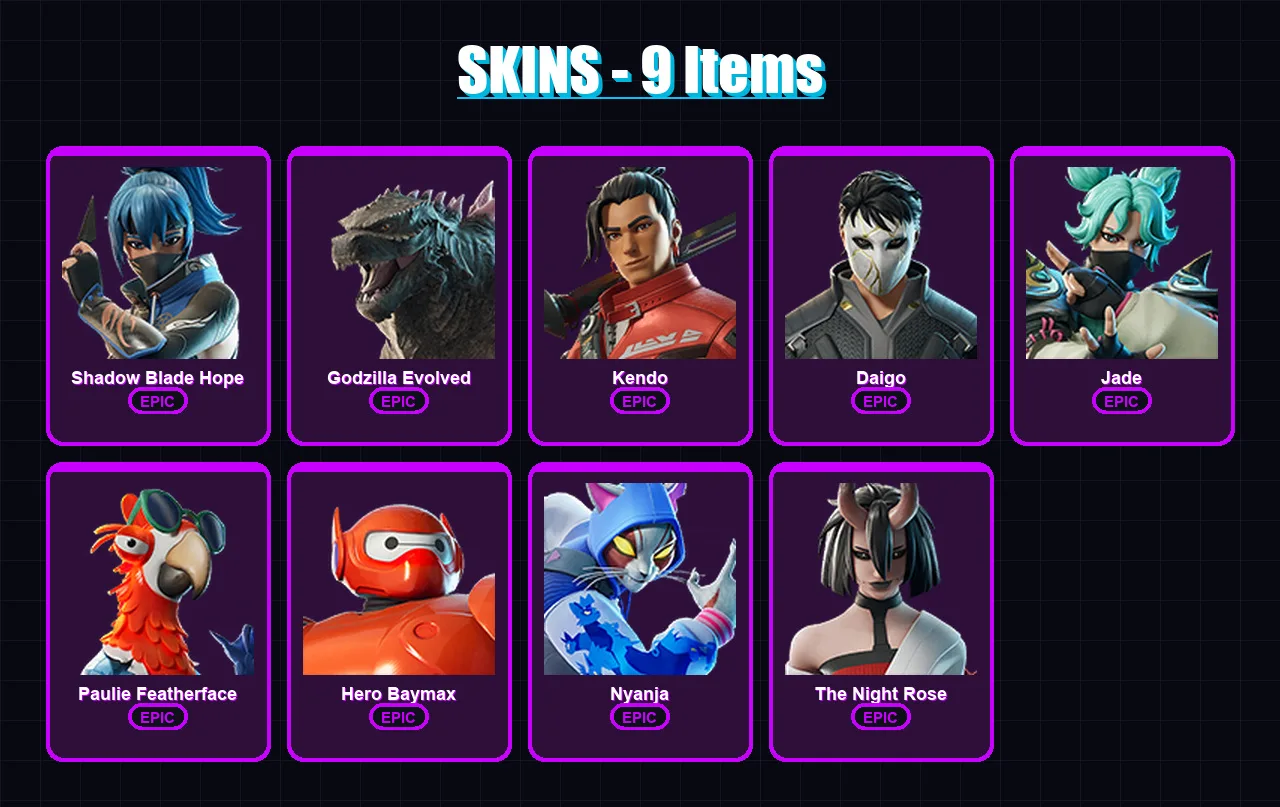 [PC/XBOX/PSN] | Shadow Blade Hope | Godzilla Evolved | Kendo | Daigo | Jade | 9 skin | 21 pickaxe | 19 emote | 15 glider | Lv175