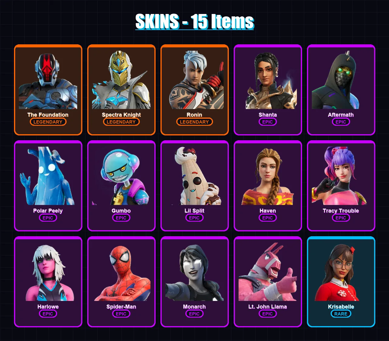 [PC/XBOX/PSN] | The Foundation | Spectra Knight | Ronin | Shanta | Aftermath | 15 skin | 16 pickaxe | 11 emote | 13 glider | Lv155