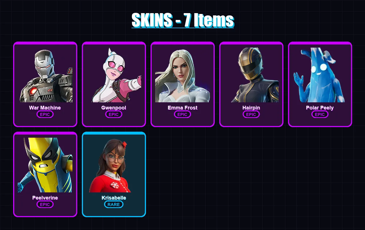 [PC/XBOX] | War Machine | Gwenpool | Emma Frost | Hairpin | Polar Peely | 7 skin | 19 pickaxe | 12 emote | 16 glider | Lv181
