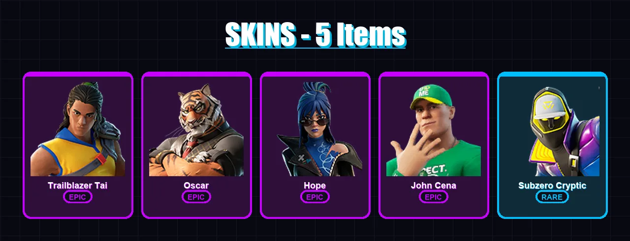 [PS4/PS5/XBOX/PC] | Trailblazer Tai | Oscar | Hope | John Cena | Subzero Cryptic | 5 skin | 5 pickaxe | 3 emote | 5 glider | Lv78
