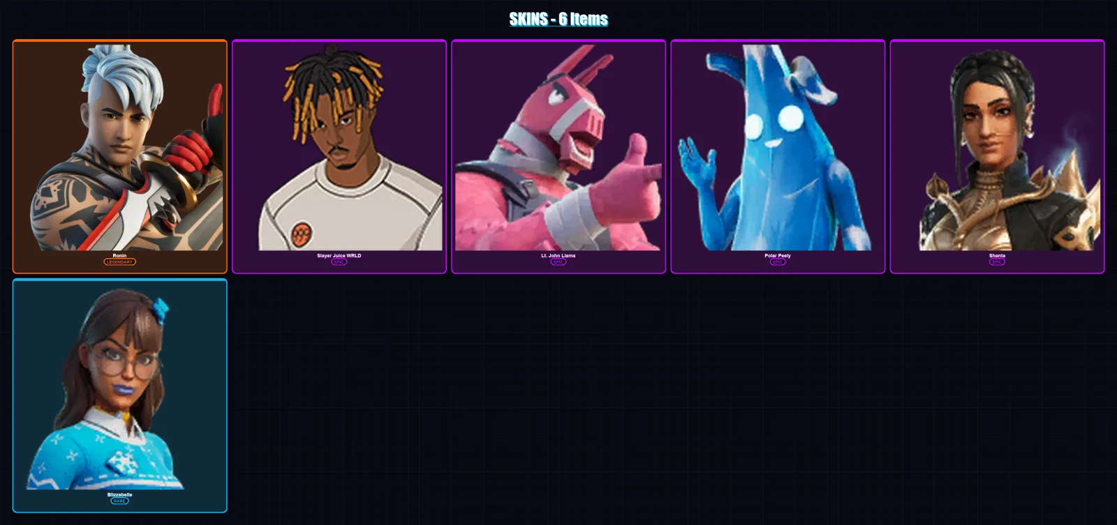 [PC/XBOX/PSN] | Ronin | Slayer Juice WRLD | Lt. John Llama | Polar Peely | Shanta | 6 skin | 9 pickaxe | 9 emote | 10 glider | Lv86