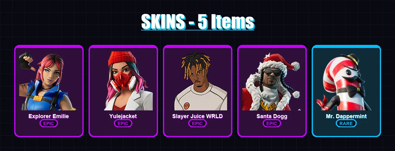 [PC/PSN] | Explorer Emilie | Yulejacket | Slayer Juice WRLD | Santa Dogg | Mr. Dappermint | 5 skin | 12 pickaxe | 5 emote | 8 glider | Lv133