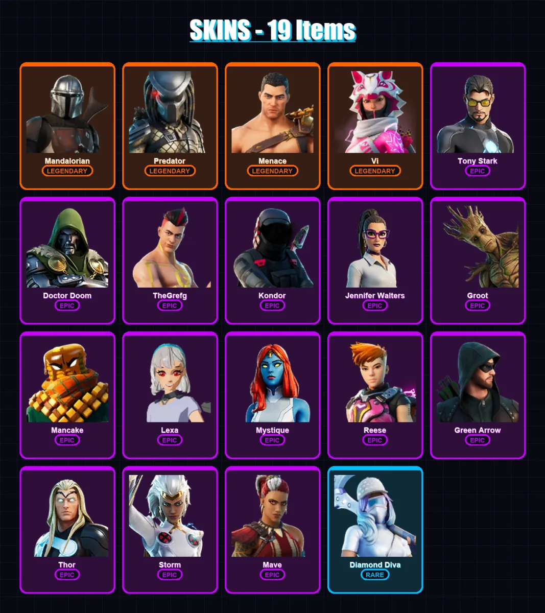 [PC/XBOX/PSN] | Mandalorian | Predator | Menace | Vi | Tony Stark | 19 skin | 26 pickaxe | 24 emote | 20 glider | Lv451