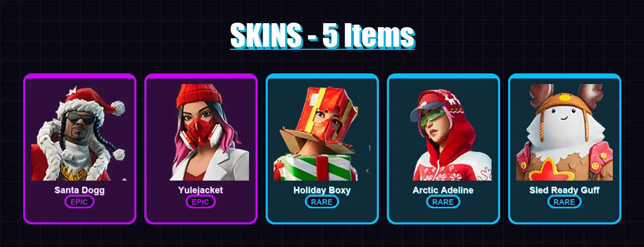 [PC/PSN] | Santa Dogg | Yulejacket | Holiday Boxy | Arctic Adeline | Sled Ready Guff | 5 skin | 14 pickaxe | 3 emote | 10 glider | Lv84