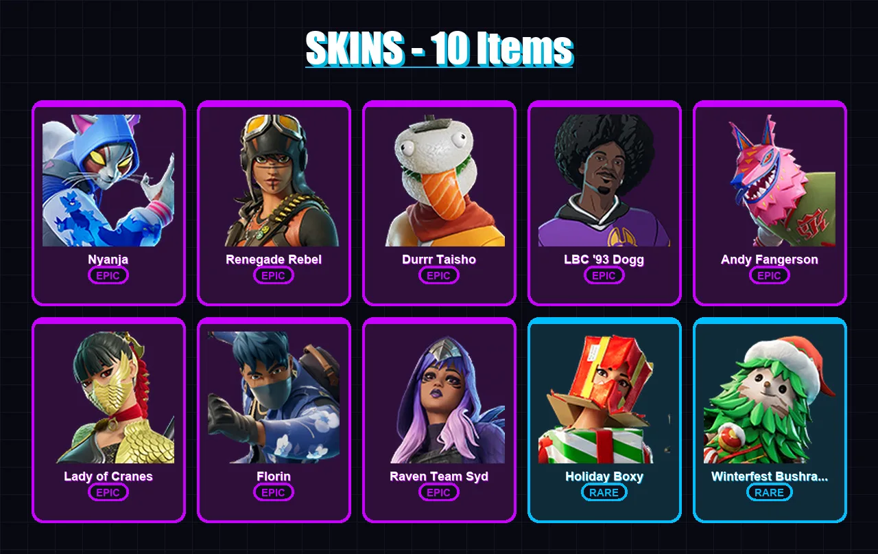 [PS4/PS5/XBOX/PC] | Nyanja | Renegade Rebel | Durrr Taisho | LBC '93 Dogg | Andy Fangerson | 10 skin | 19 pickaxe | 5 emote | 15 glider | Lv102