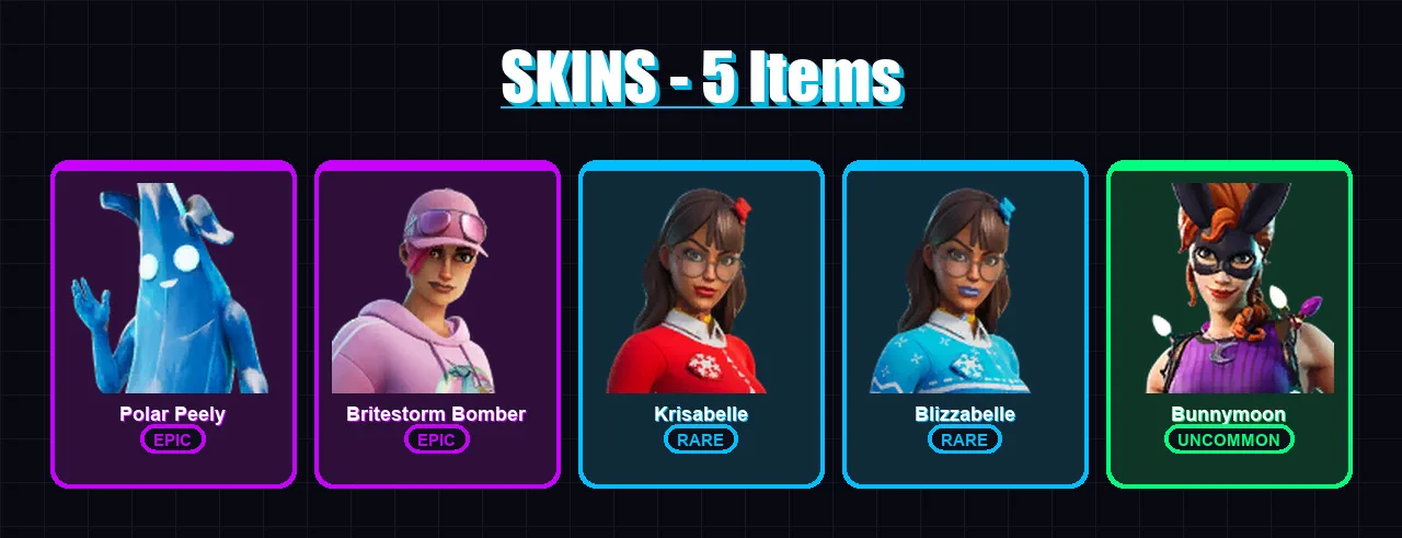 [SWITCH/XBOX/PSN/PC] | Polar Peely | Britestorm Bomber | Krisabelle | Blizzabelle | Bunnymoon | 5 skin | 6 pickaxe | 8 emote | 5 glider | Lv112