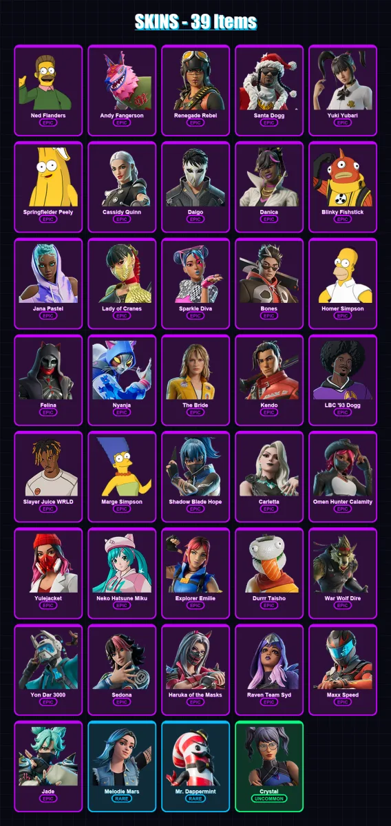 [PC/XBOX/PSN] | Ned Flanders | Andy Fangerson | Renegade Rebel | Santa Dogg | Yuki Yubari | 39 skin | 48 pickaxe | 31 emote | 23 glider | Lv233