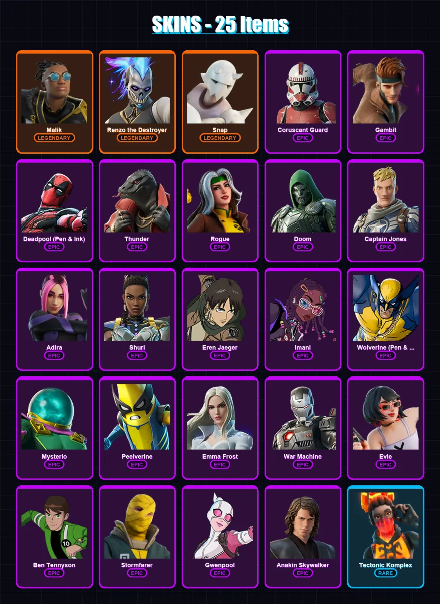 [PC/PSN] | Malik | Renzo the Destroyer | Snap | Coruscant Guard | Gambit | 25 skin | 45 pickaxe | 32 emote | 41 glider | Lv444