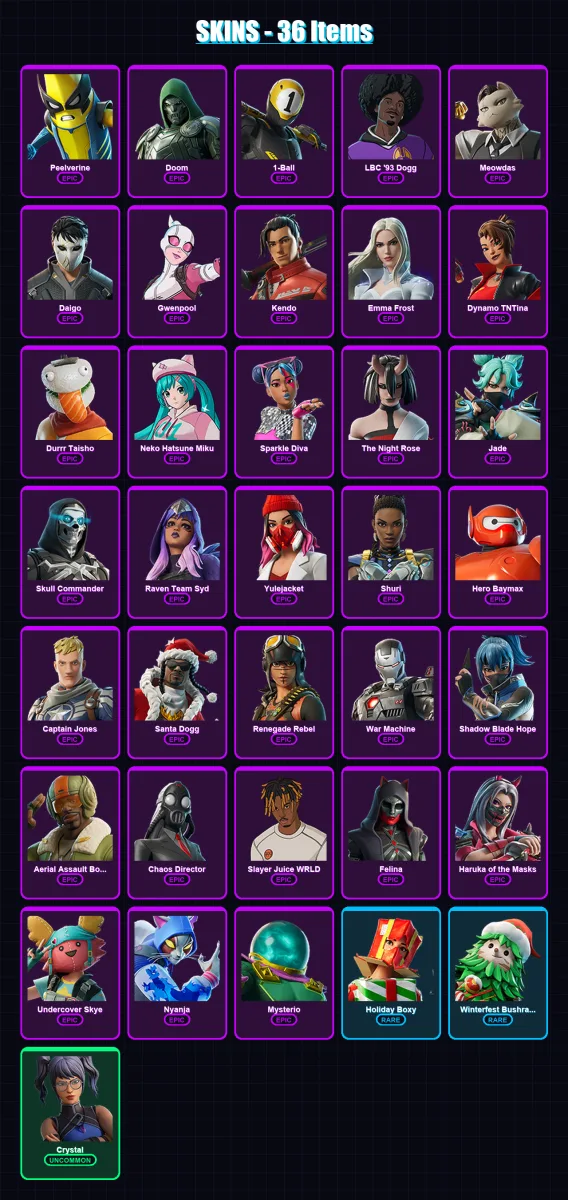 [SWITCH/XBOX/PSN/PC] | Peelverine | Doom | 1-Ball | LBC '93 Dogg | Meowdas | 36 skin | 75 pickaxe | 55 emote | 54 glider | Lv882