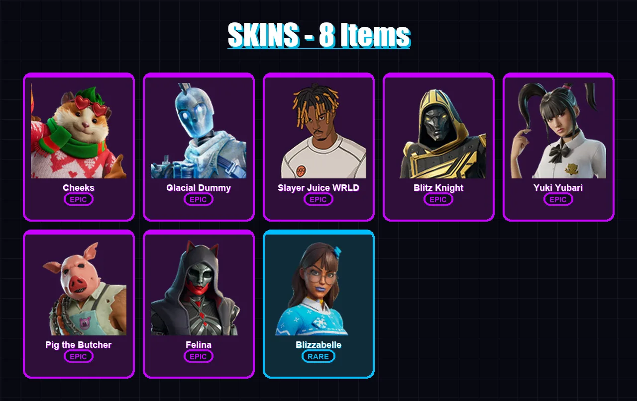 [PC/PSN] | Cheeks | Glacial Dummy | Slayer Juice WRLD | Blitz Knight | Yuki Yubari | 8 skin | 63 pickaxe | 32 emote | 47 glider | Lv694