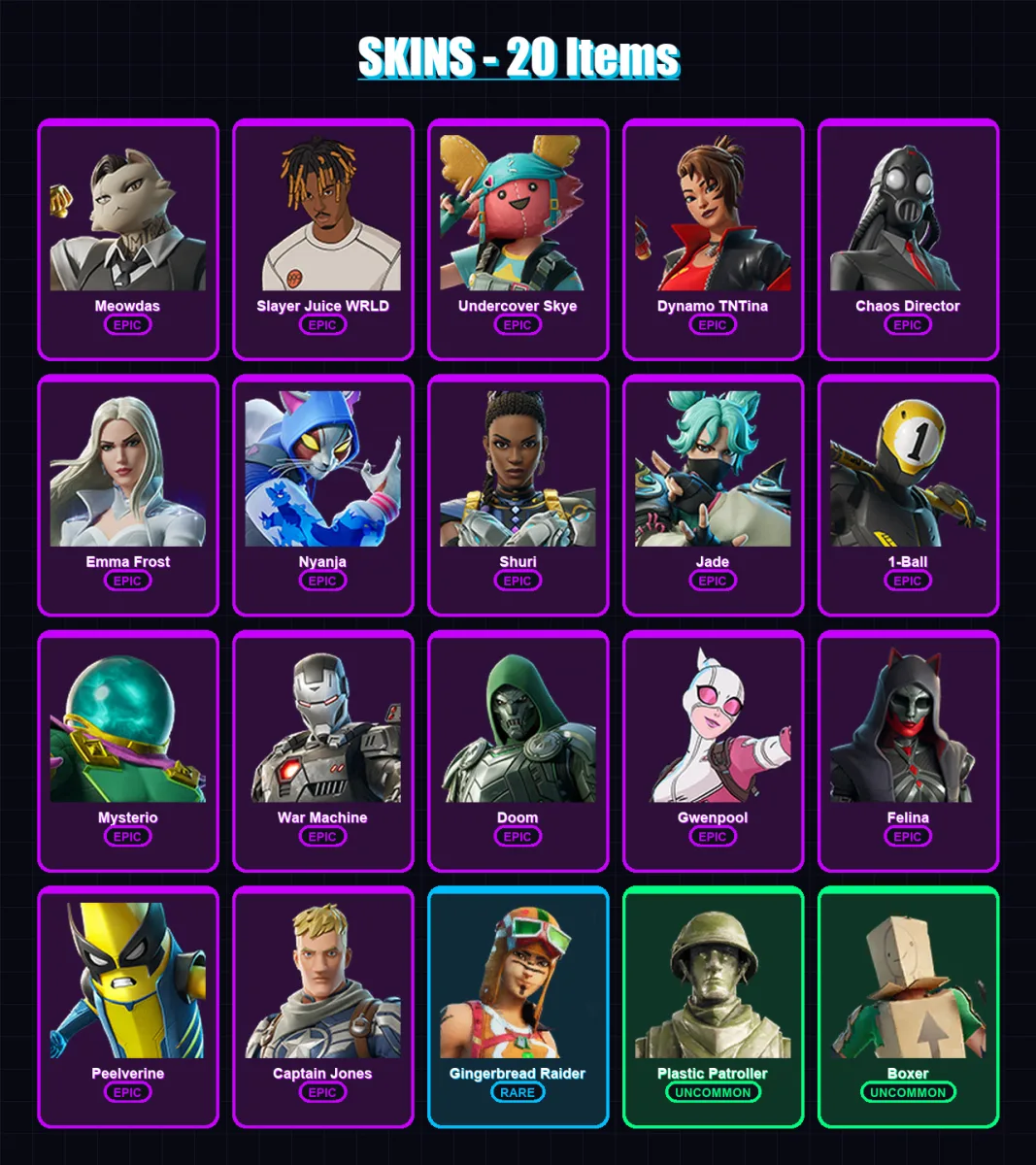 [PC/PSN] | Meowdas | Slayer Juice WRLD | Undercover Skye | Dynamo TNTina | Chaos Director | 20 skin | 36 pickaxe | 29 emote | 23 glider | Lv313