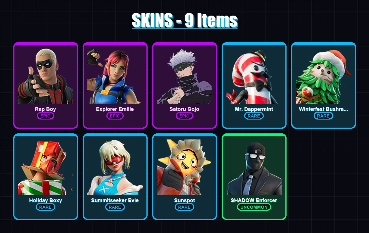 [PC/XBOX/PSN] | Rap Boy | Explorer Emilie | Satoru Gojo | Mr. Dappermint | Winterfest Bushranger | 9 skin | 3 pickaxe | 9 emote | 7 glider | Lv98