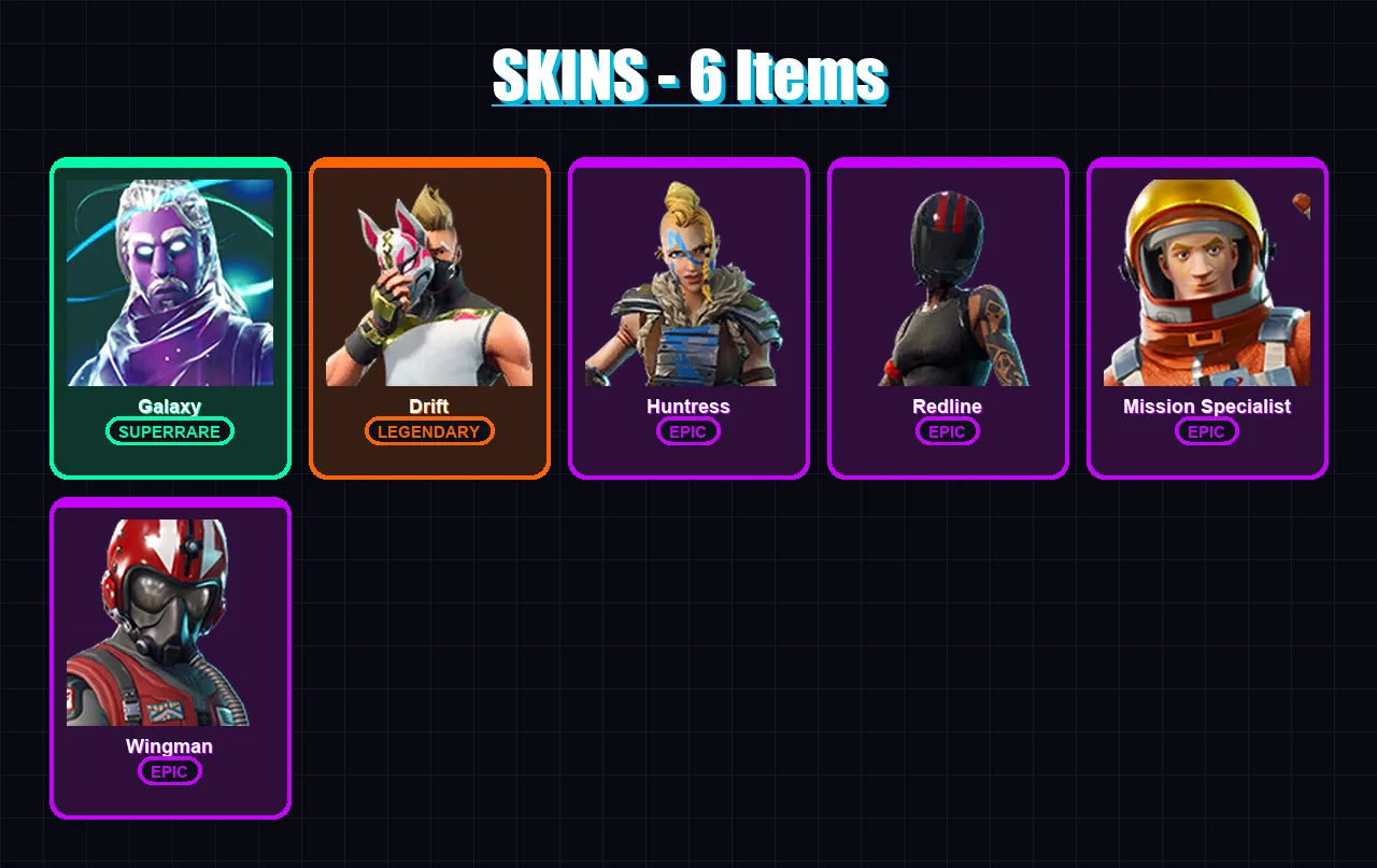 [PC/XBOX/PSN] | Galaxy | Drift | Huntress | Redline | Mission Specialist | 6 skin | 8 pickaxe | 9 emote | 13 glider | Lv220