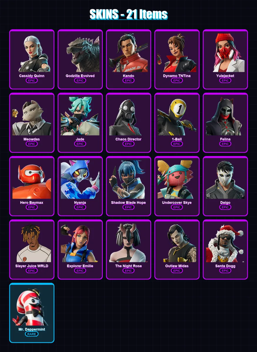 [PC/XBOX/PSN] | Cassidy Quinn | Godzilla Evolved | Kendo | Dynamo TNTina | Yulejacket | 21 skin | 39 pickaxe | 27 emote | 29 glider | Lv540