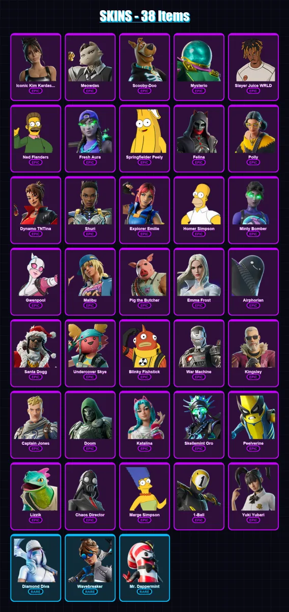 [PS4/PS5/PC] | Iconic Kim Kardashian | Meowdas | Scooby-Doo | Mysterio | Slayer Juice WRLD | 38 skin | 65 pickaxe | 30 emote | 36 glider | Lv494