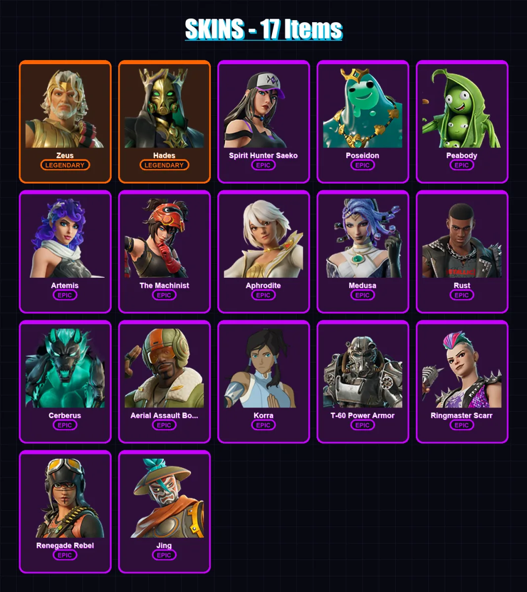 [PC/PSN] | Zeus | Hades | Spirit Hunter Saeko | Poseidon | Peabody | 17 skin | 42 pickaxe | 23 emote | 29 glider | Lv306