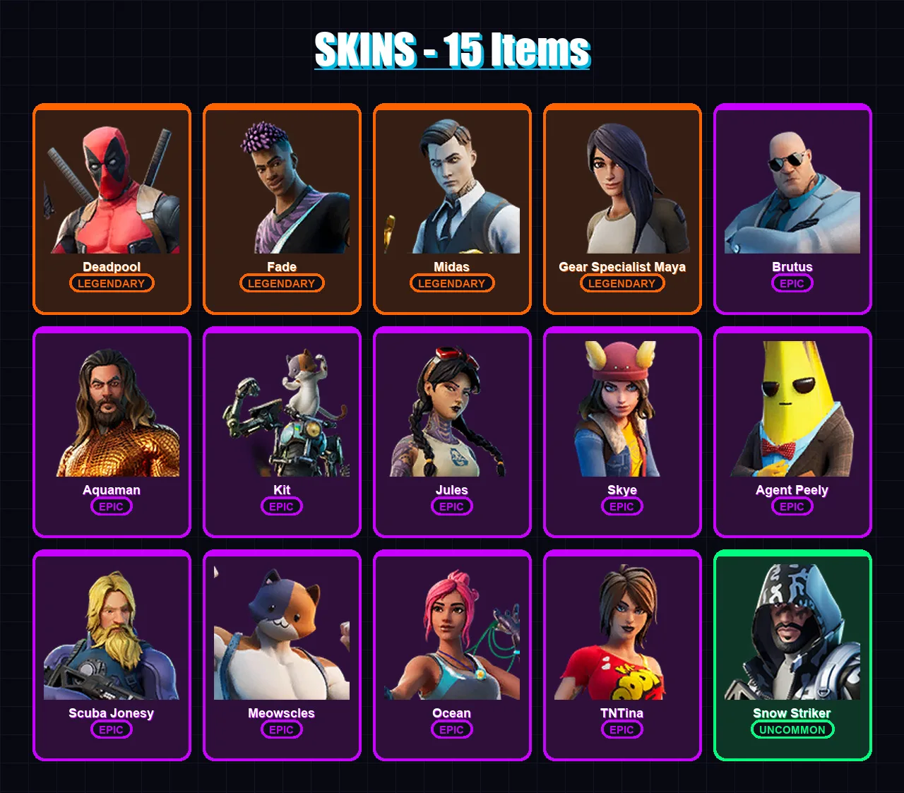 [PC/XBOX/PSN] | Deadpool | Fade | Midas | Gear Specialist Maya | Brutus | 15 skin | 35 pickaxe | 25 emote | 33 glider | Lv441