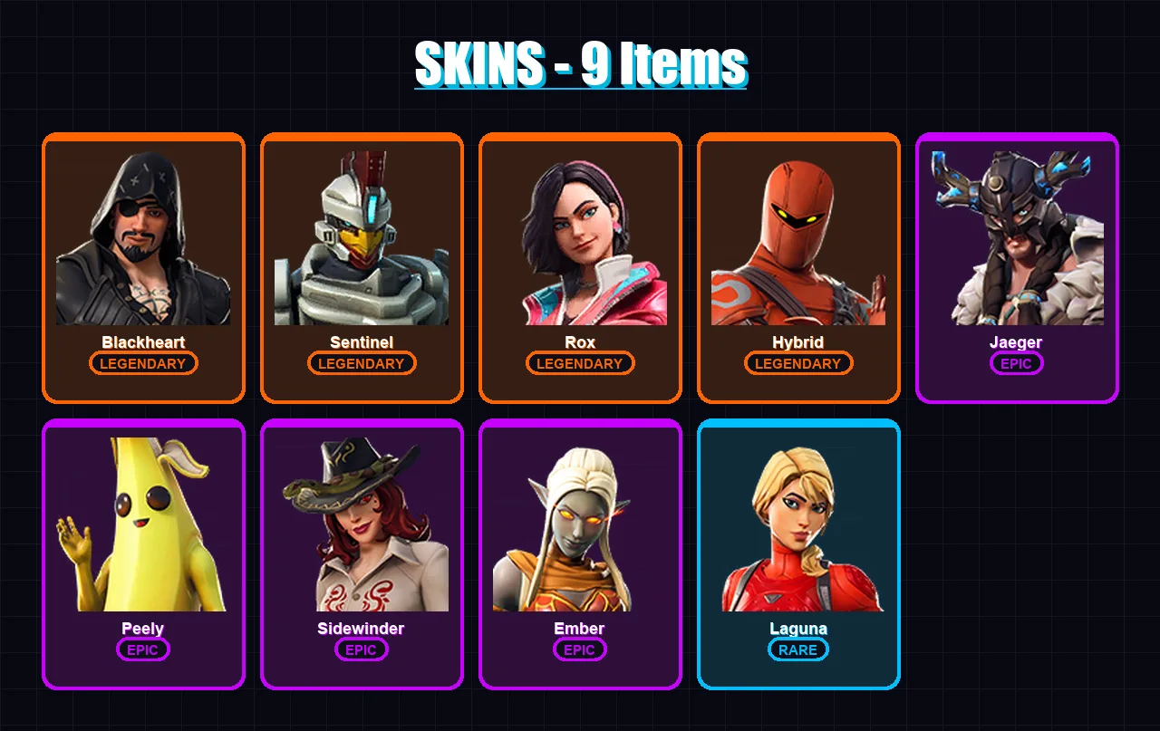 [PS4/PS5/XBOX/PC] | Blackheart | Sentinel | Rox | Hybrid | Jaeger | 9 skin | 7 pickaxe | 15 emote | 11 glider | Lv163