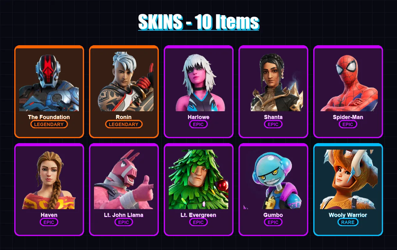 [PS4/PS5/XBOX/PC] | The Foundation | Ronin | Harlowe | Shanta | Spider-Man | 10 skin | 20 pickaxe | 12 emote | 21 glider | Lv318