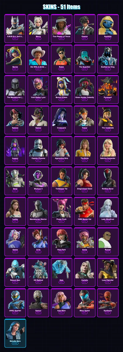 [PC/XBOX] | O.M.E.G.A. Suit Alpha | Mercy | Tour Ready Lil Tecca | Kwame | Squibbly | 53 skin | 43 pickaxe | 17 emote | 15 glider | Lv72