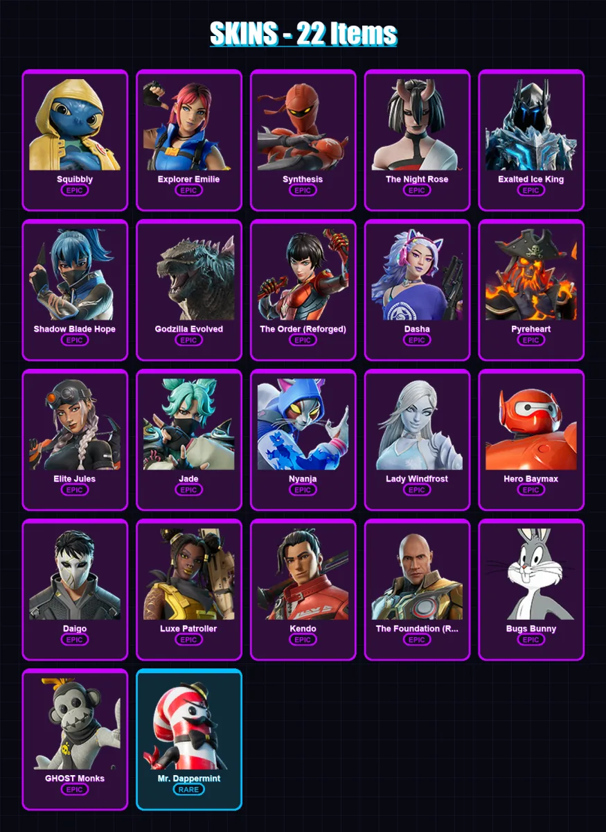[PC/XBOX/PSN] | Squibbly | Explorer Emilie | Synthesis | The Night Rose | Exalted Ice King | 22 skin | 41 pickaxe | 26 emote | 36 glider | Lv372