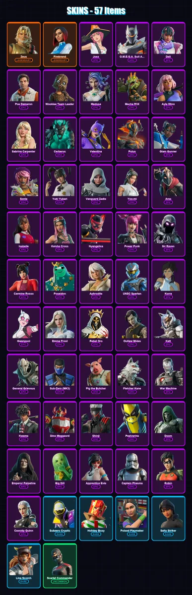 [PS4/PS5/XBOX/PC] | Zeus | Firebrand | Joss | O.M.E.G.A. Suit Alpha | Dali | 57 skin | 82 pickaxe | 50 emote | 46 glider | Lv499