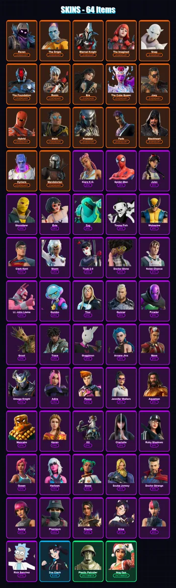[PC/XBOX/PSN] | Raven | The Origin | Eternal Knight | The Imagined | Snap | 64 skin | 73 pickaxe | 44 emote | 75 glider | Lv950